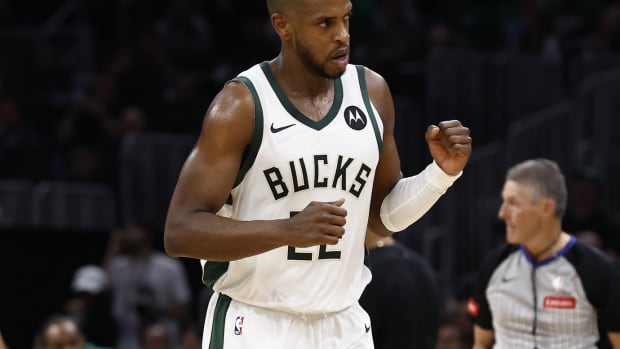 Milwaukee Bucks forward Khris Middleton (22) pumps his fist